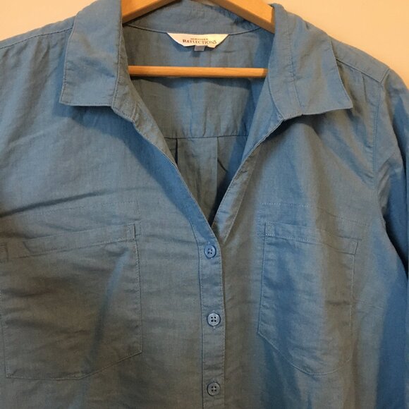 Northern Reflections Blue Linen Blend Sailor Collar Button Down Dress Sh… - Picture 3 of 16